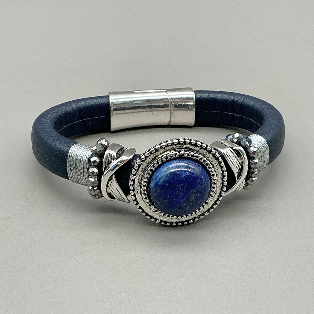 Laura Janelle Bracelet Blue Lapis Leather Magnetic Clasp Silver Tone Accents